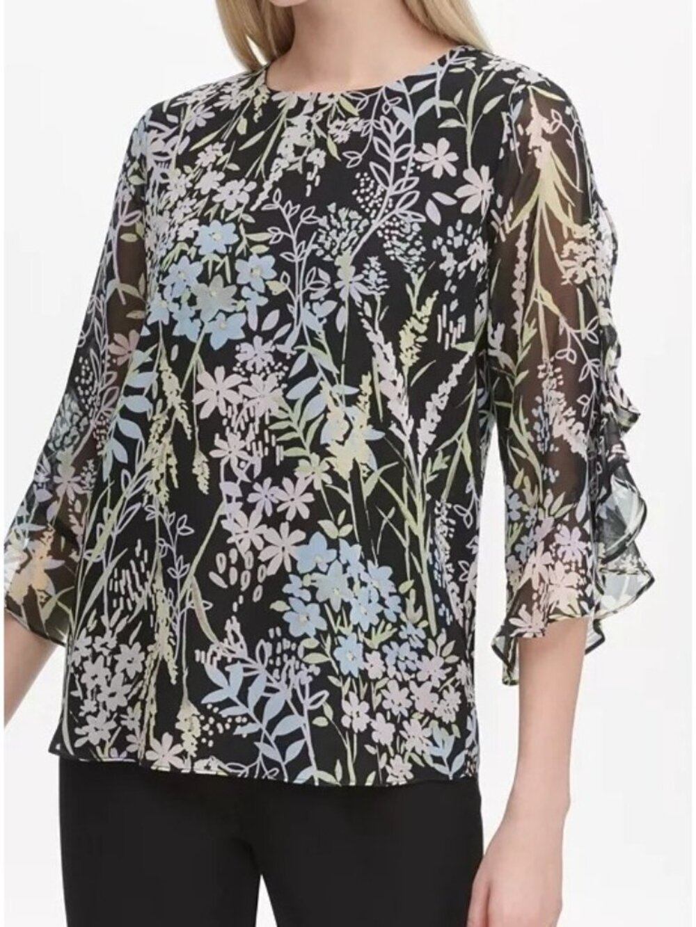 Calvin Klein Ladies Dark Floral Blouse Top Size M Ruffled 3/4 Sleeves Career